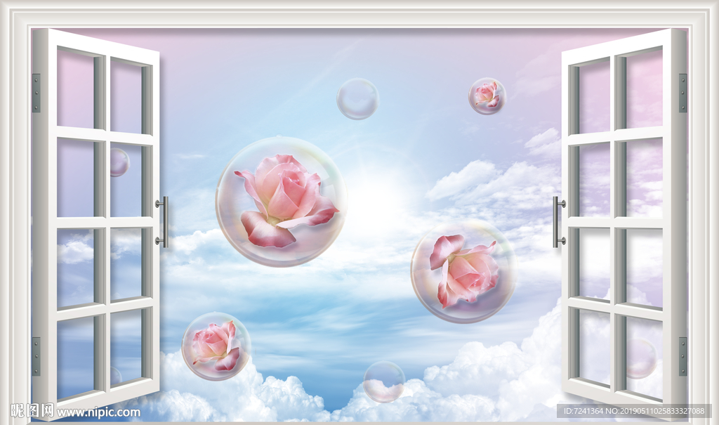 玫瑰泡泡天空窗户立体装饰画壁画