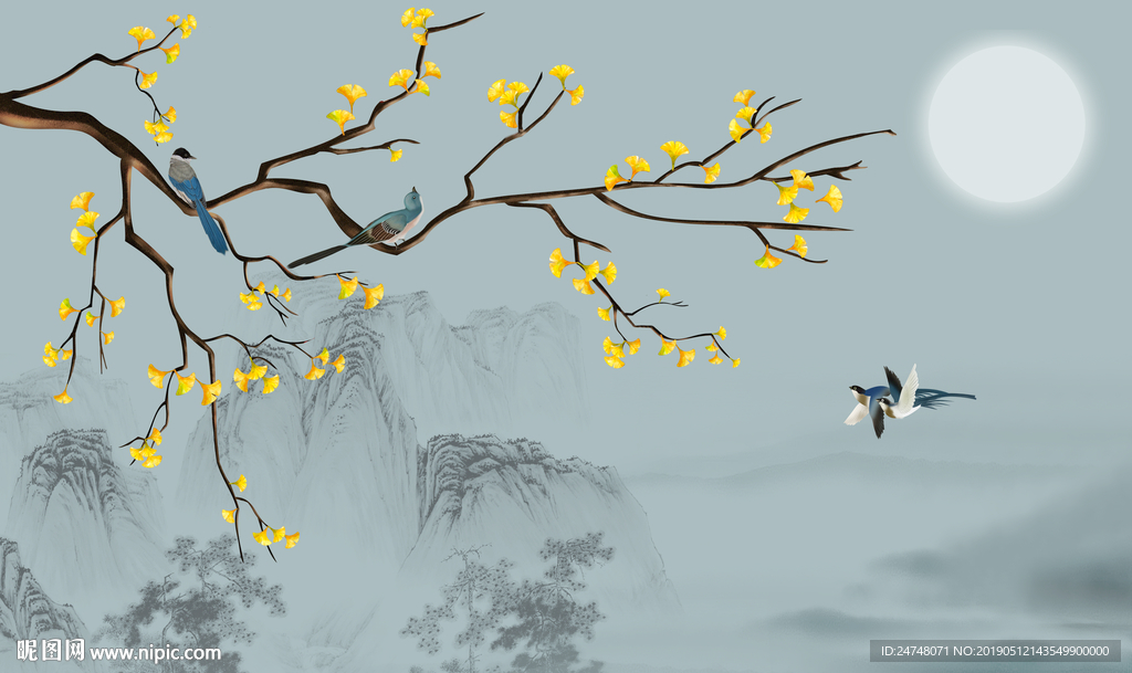 中国风手绘花鸟银杏叶