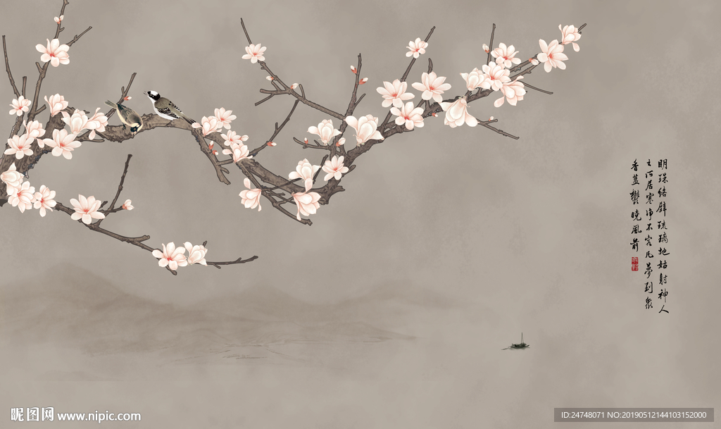手绘玉兰花鸟