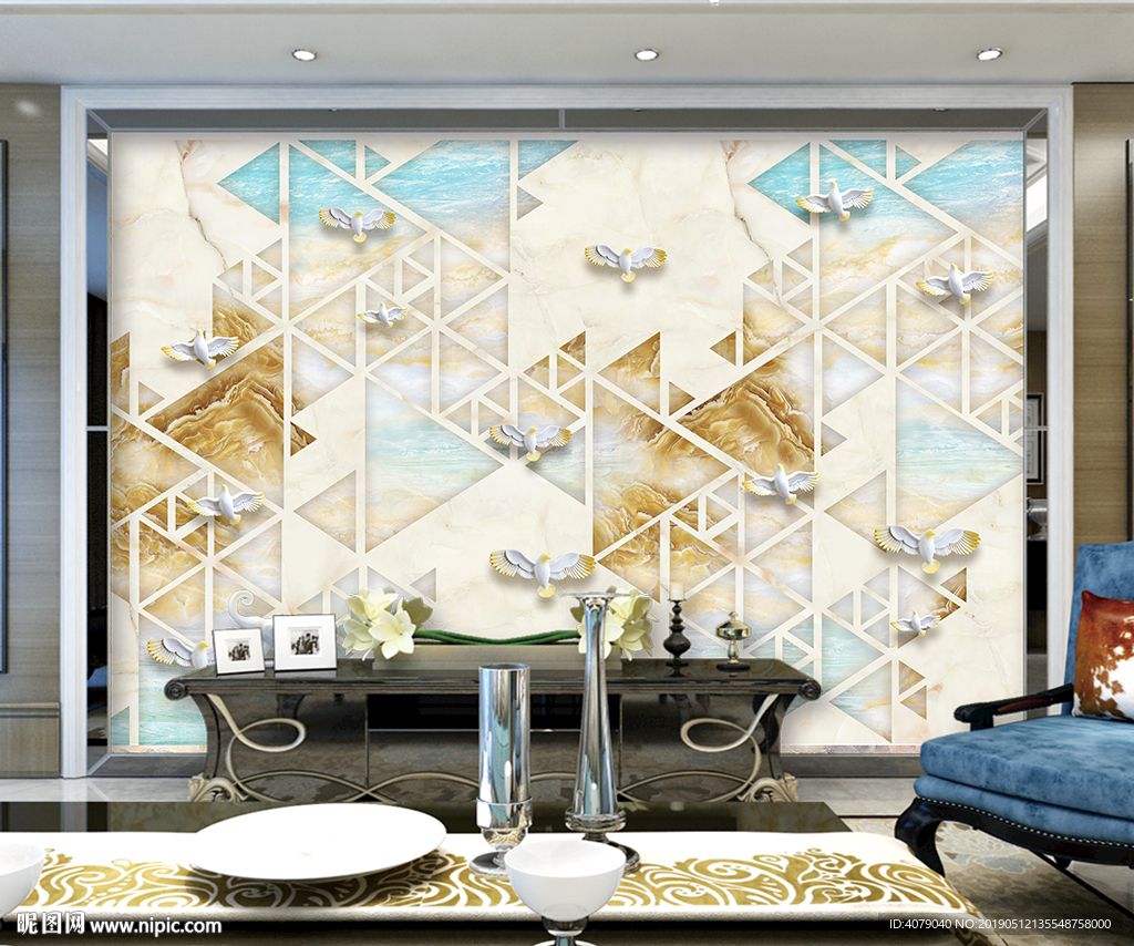 大理石纹山水几何现代电视背景墙