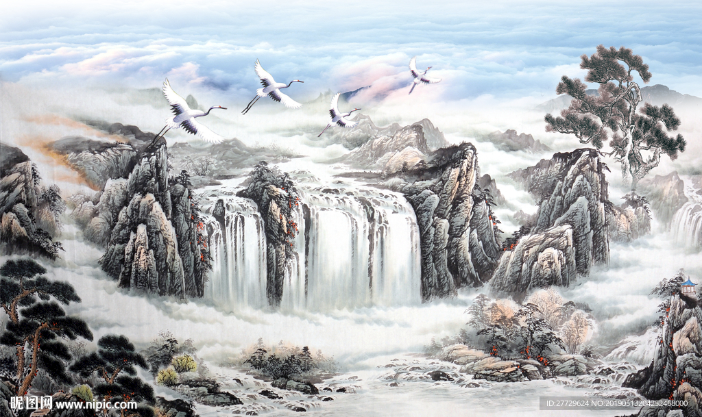 流水生财山水风景画