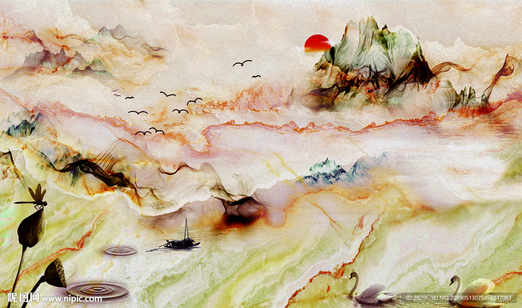 大理石山水鸭子飞鸟红日背景墙