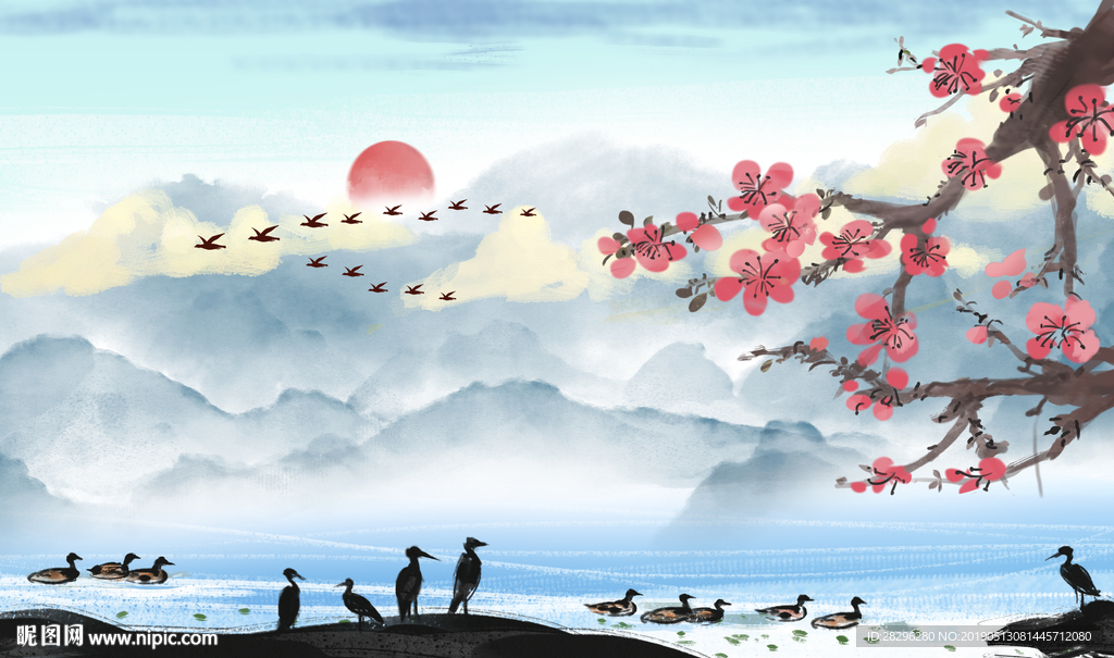 新中式山水鸭子戏水风景背景墙