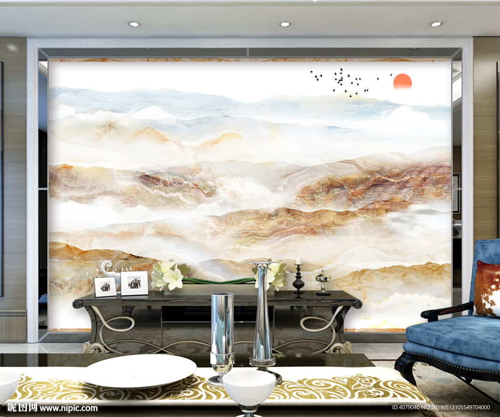 新中式大理石纹水墨山水背景墙