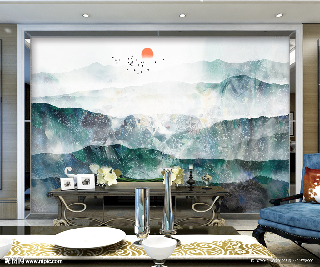 新中式水墨山水禅境抽象背景墙