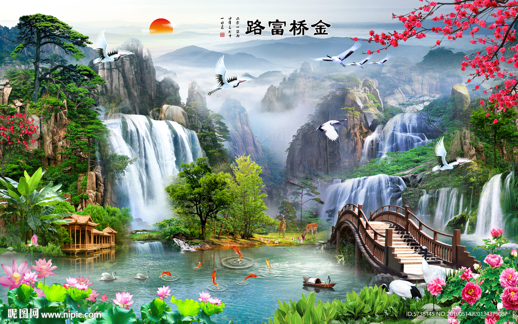 中式风景山水瀑布玄关屏风电视背