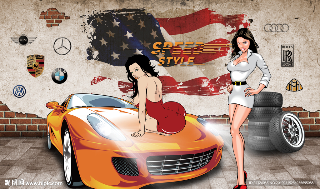 手绘豪车美女装饰画背景墙