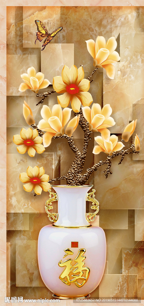 3D彩雕花瓶玄关背景