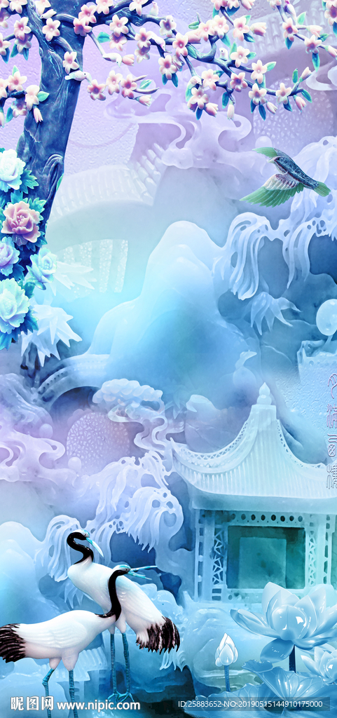唯美玉雕仙鹤花树亭子玄关背景