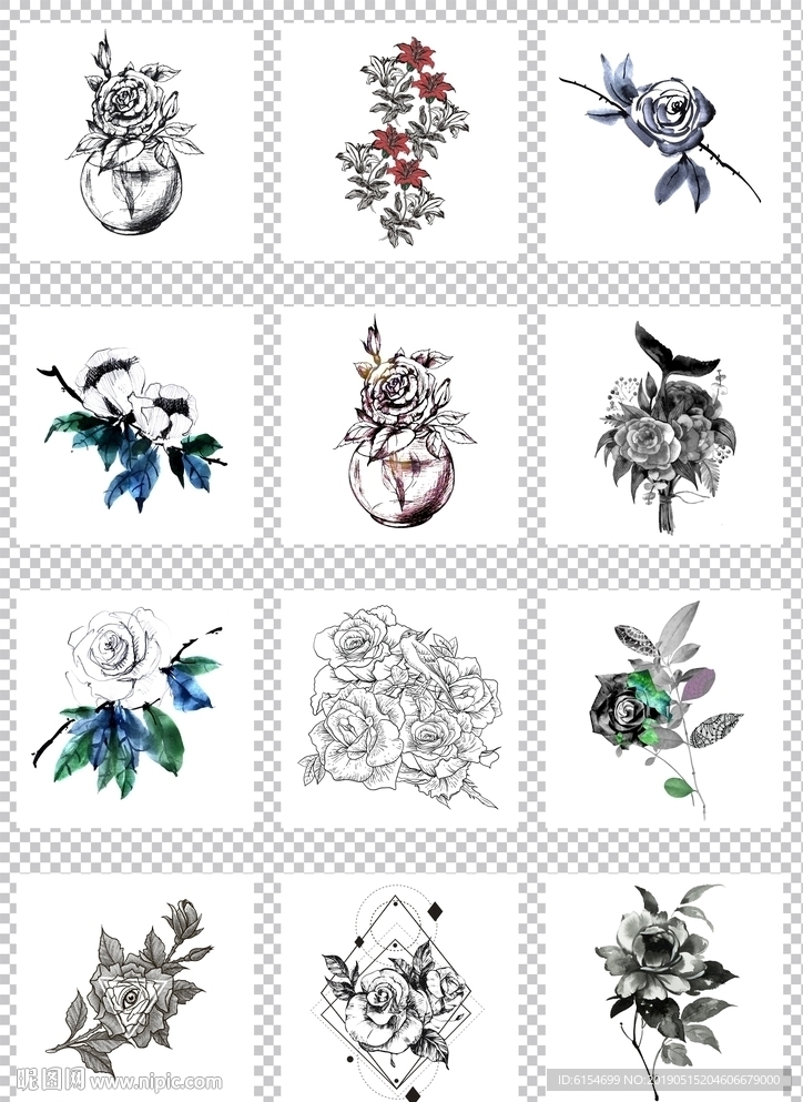中国风泼墨花卉图案组合
