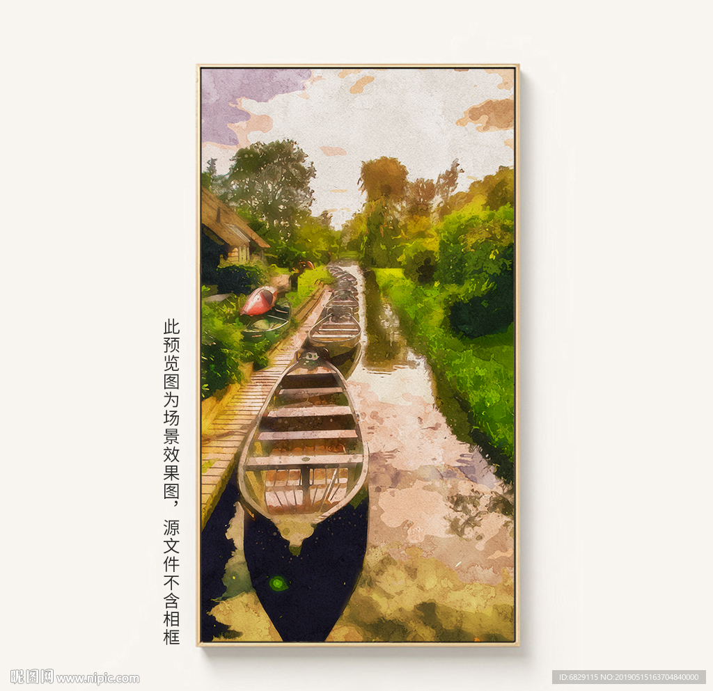 停泊小船抽象手绘风景装饰画油画