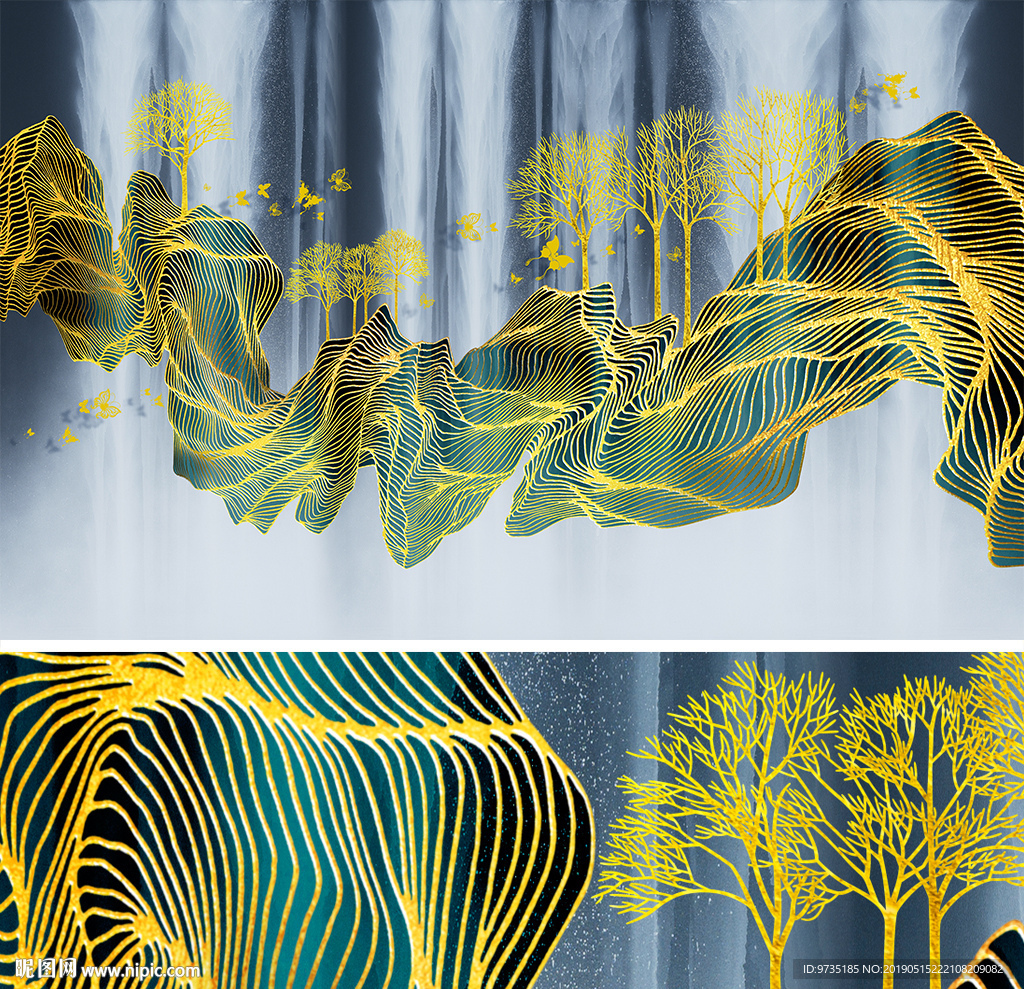 轻奢金属抽象线山水瀑布装饰背景