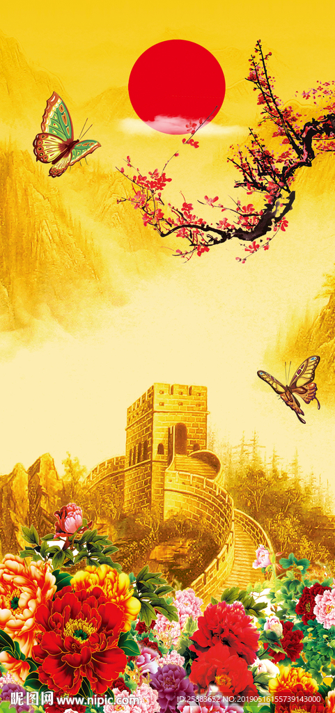 长城梅花山水玄关背景