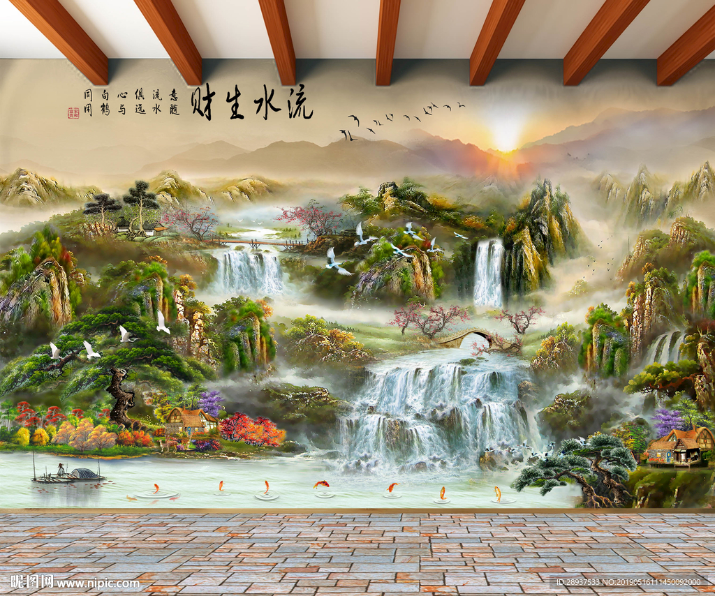 原创油画瀑布山水风景画背景墙
