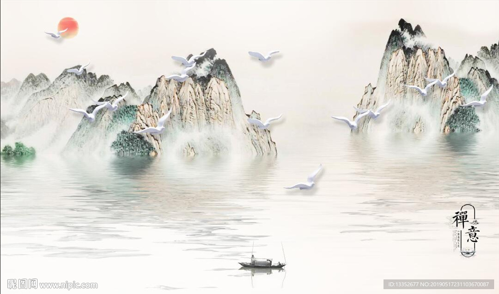 禅意水墨山水飞鸟