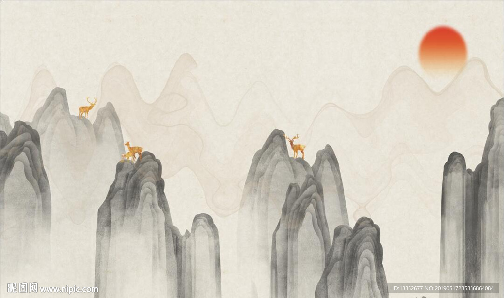 抽象山水麋鹿
