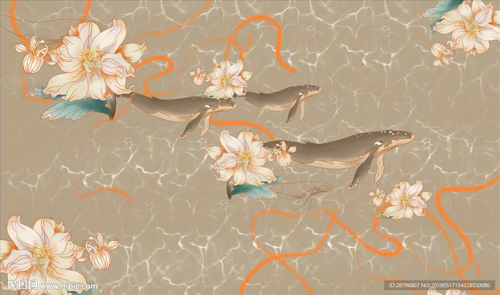 手绘鲸鱼花海卡通房背景墙