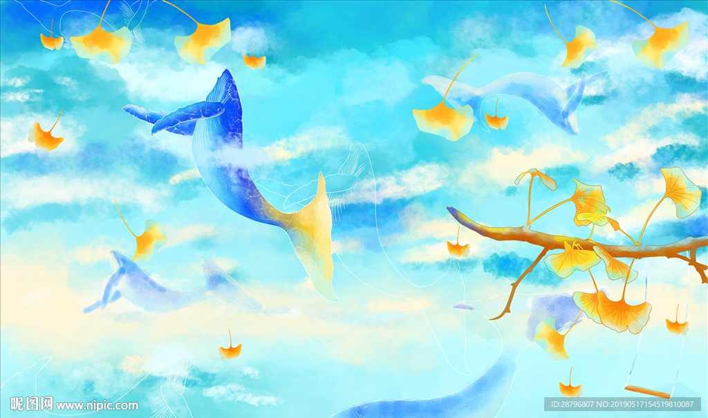 手绘梦幻鲸鱼插画壁画背景墙