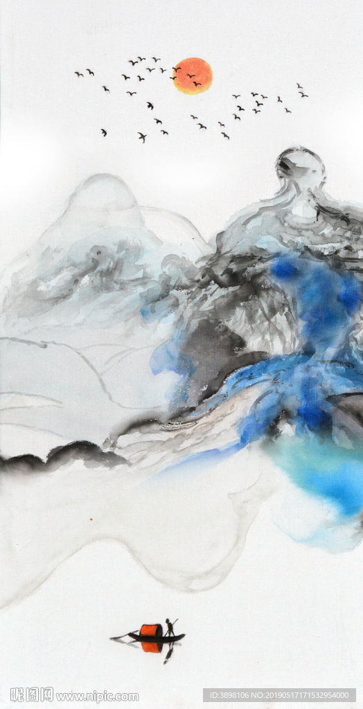 水墨旭日东升写意玄关装饰画