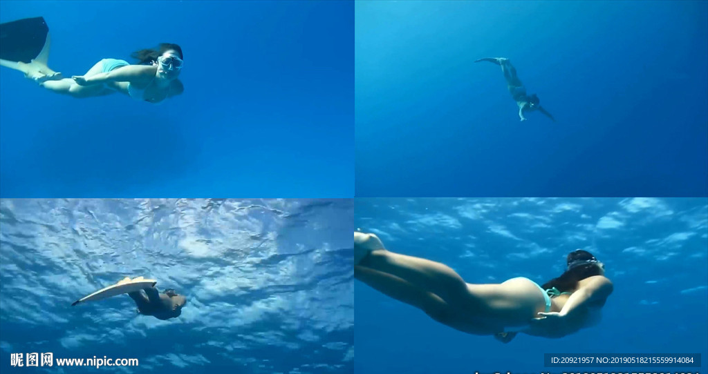 海底世界美女潜水美人鱼游动