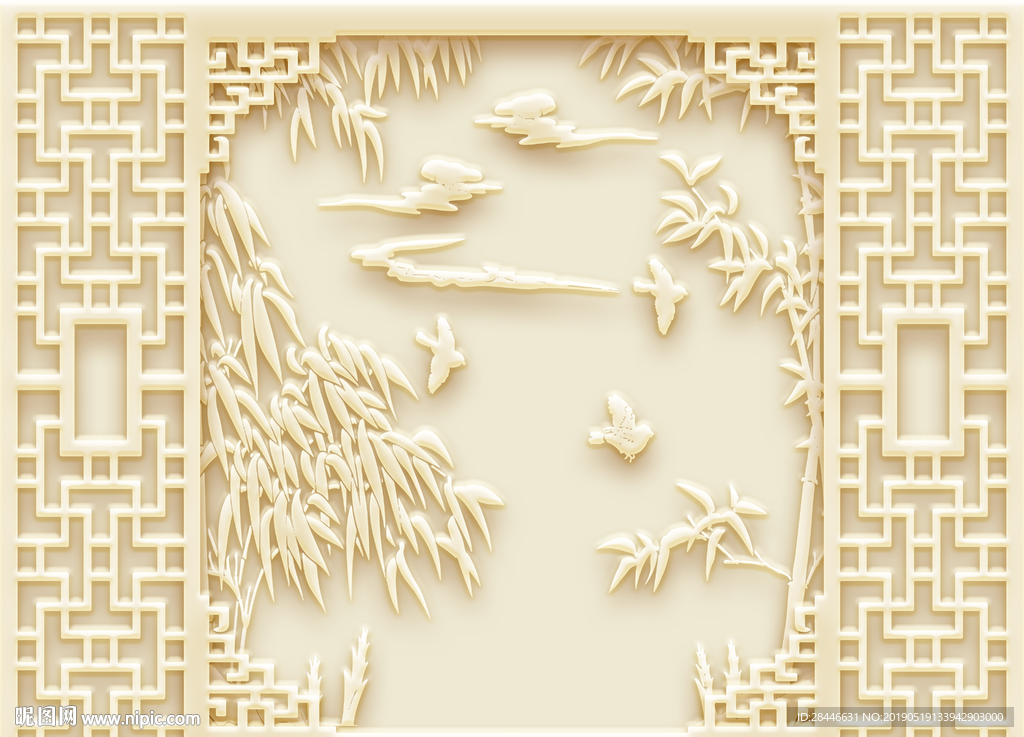 3D浮雕窗花竹子祥云背景墙