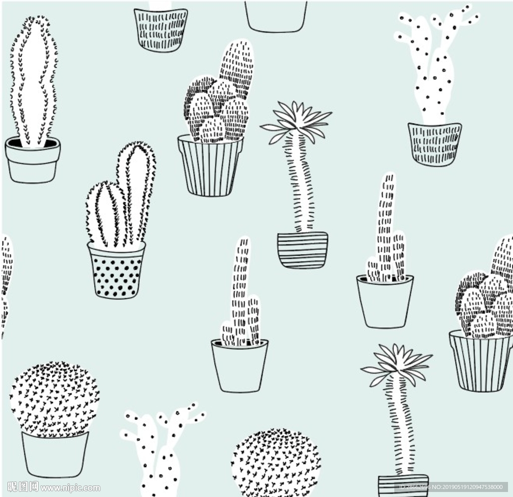 线描仙人掌植物图案印花