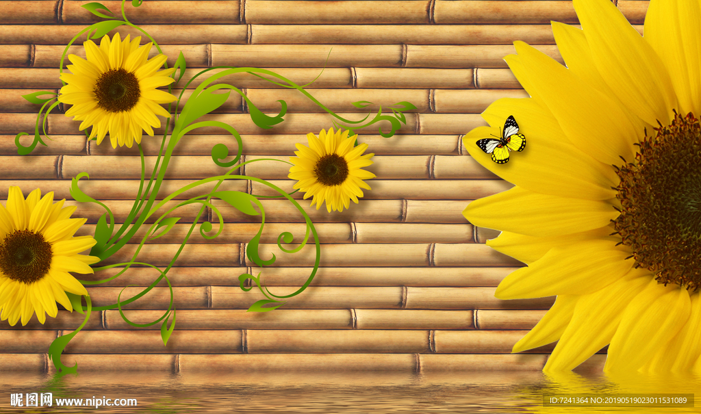 向日葵花藤蝴蝶木纹背景立体壁画