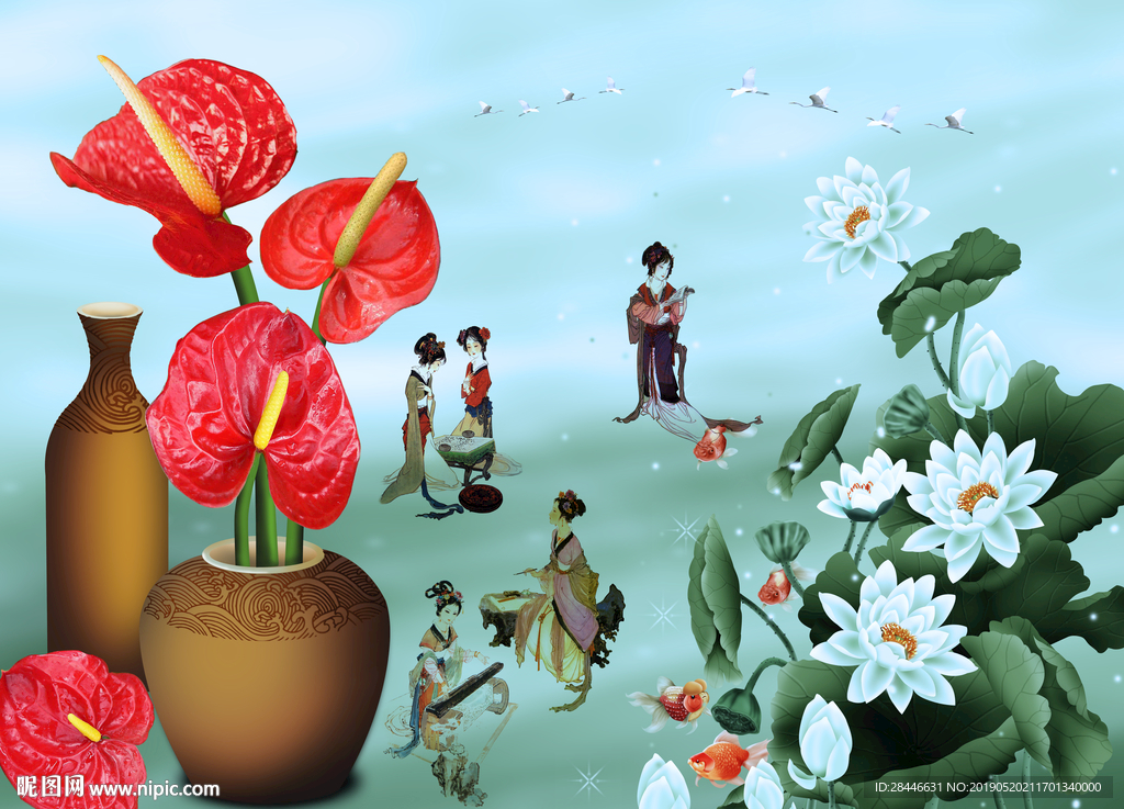 新中式花朵侍女背景墙