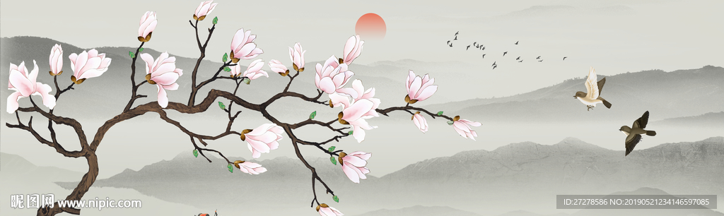 玉兰花鸟装饰画 横幅花鸟装饰画