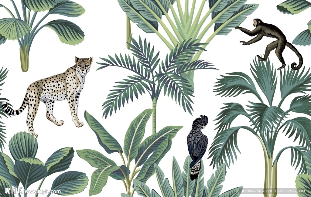 热带雨林树林动物印花