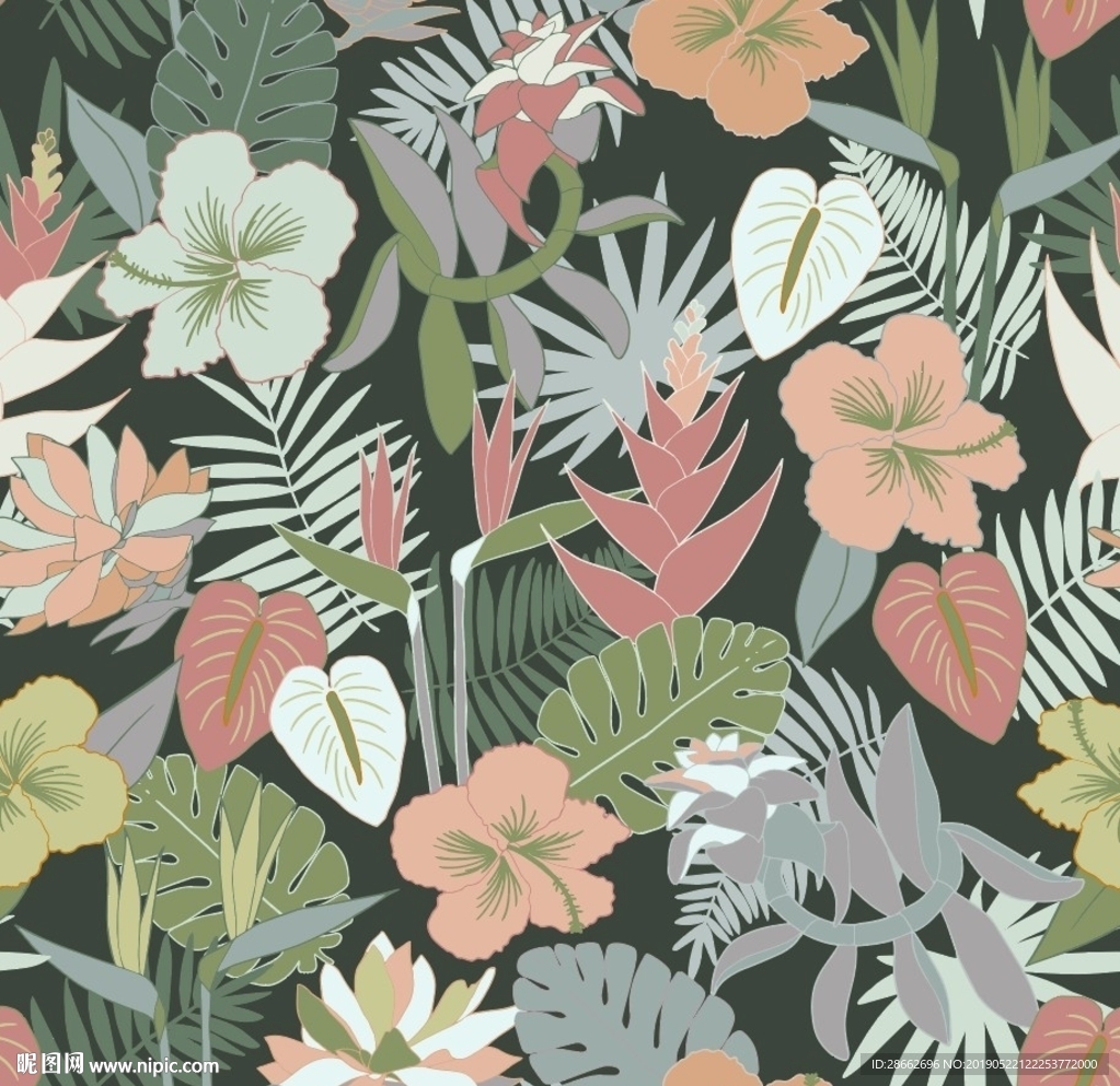 花卉绿叶印花图案