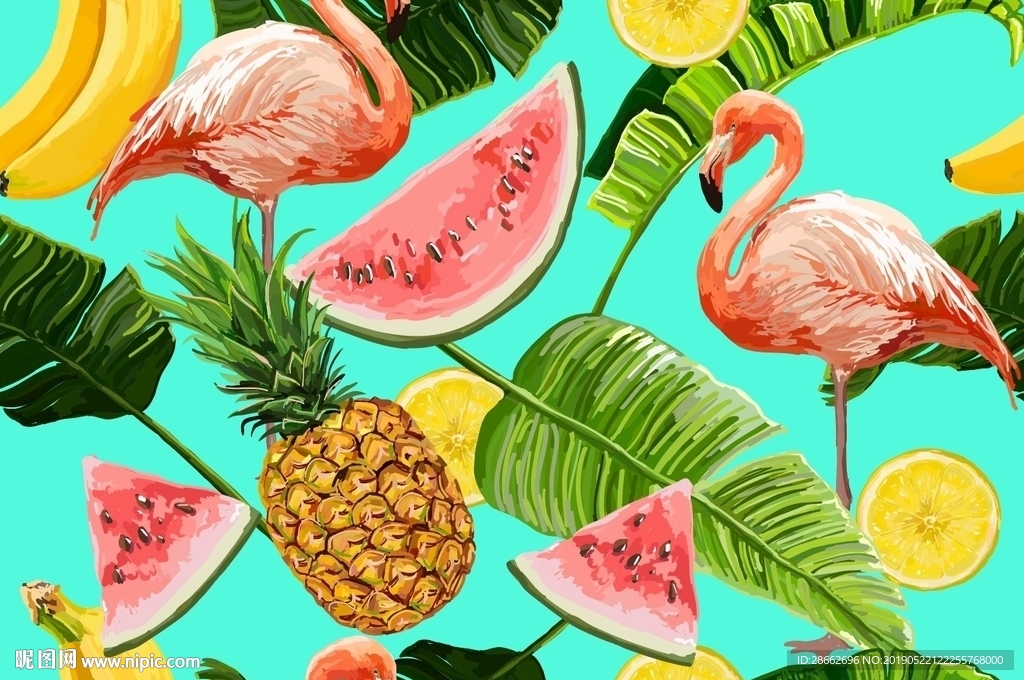 热带植物火烈鸟水果印花