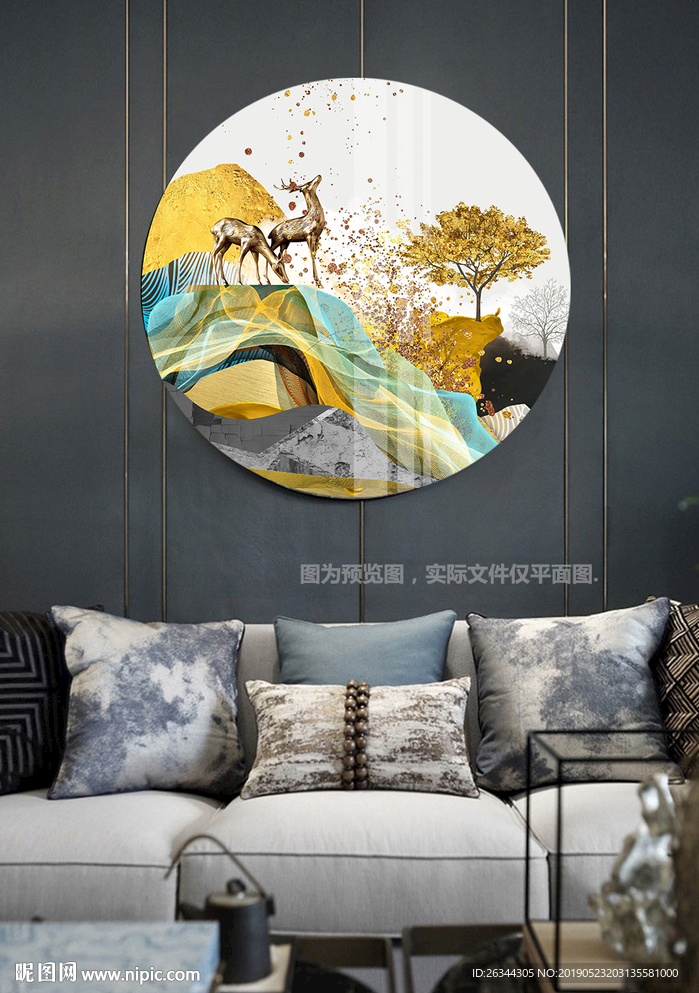 新中式麋鹿发财树圆形装潢画