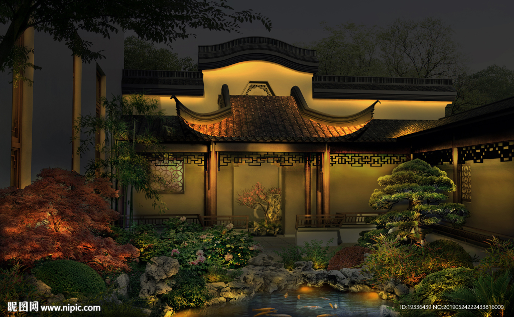 中国风别墅夜景