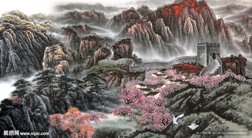 国画长城背景墙