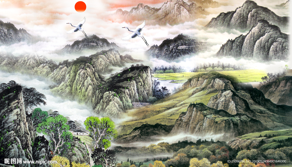 国画旭日背景墙