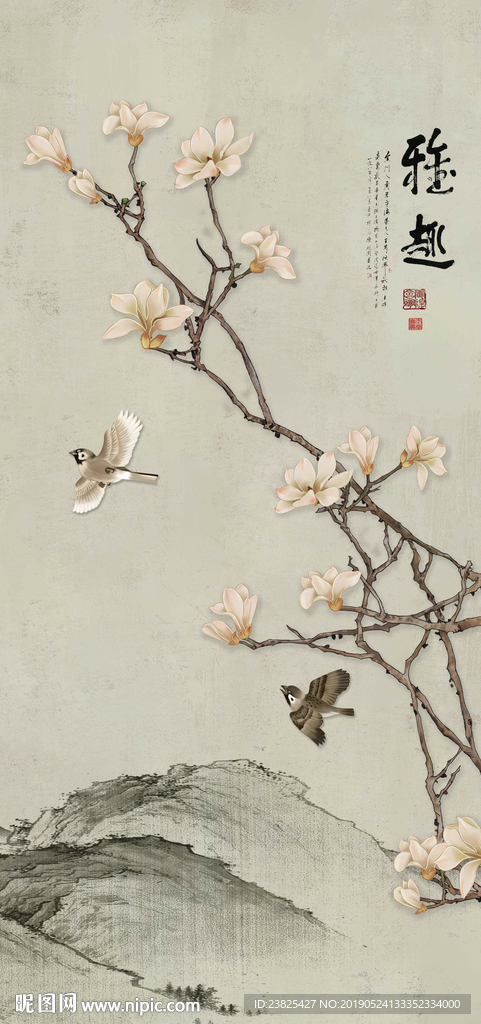 新中式手绘玉兰花鸟玄关背景墙