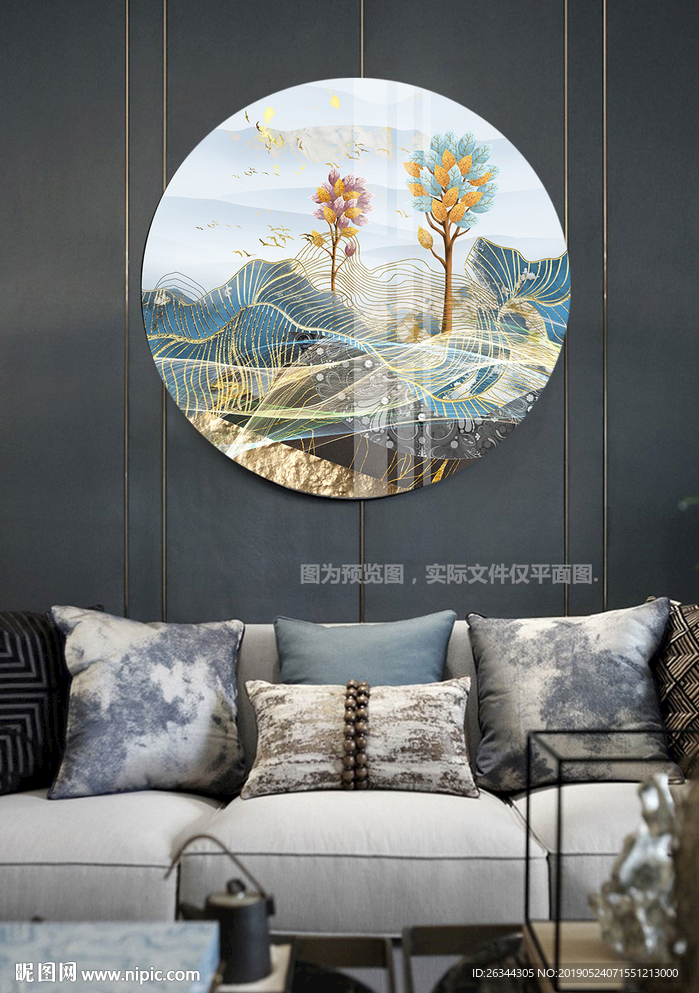 新中式别墅山水圆形装饰画