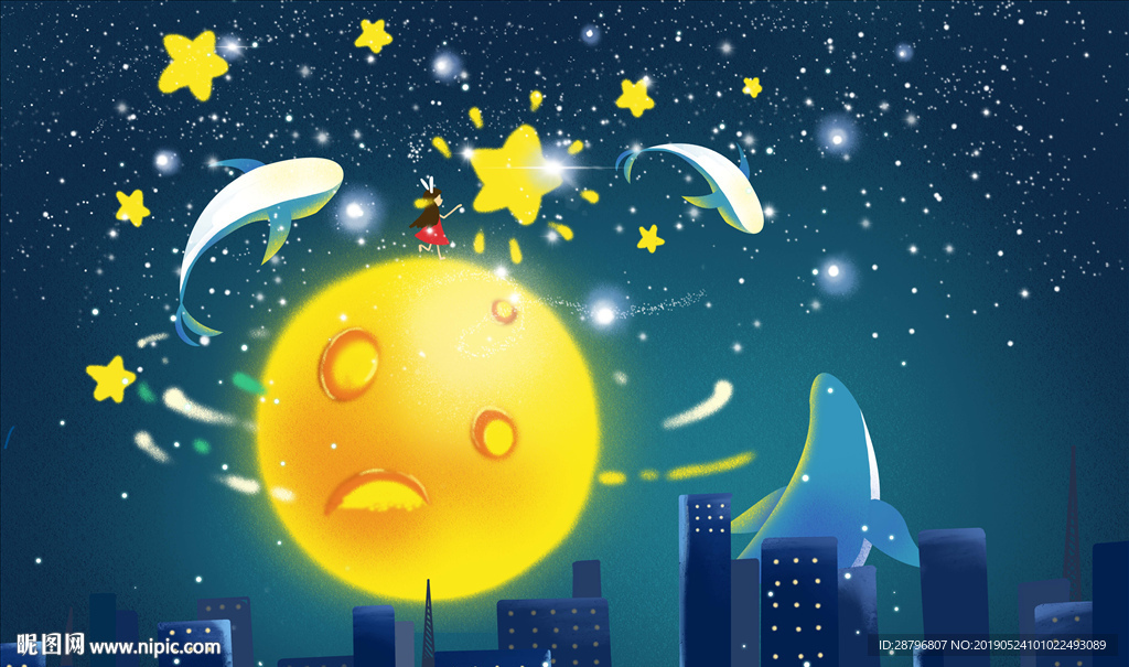 手绘梦幻星球鲸鱼天空壁画背景