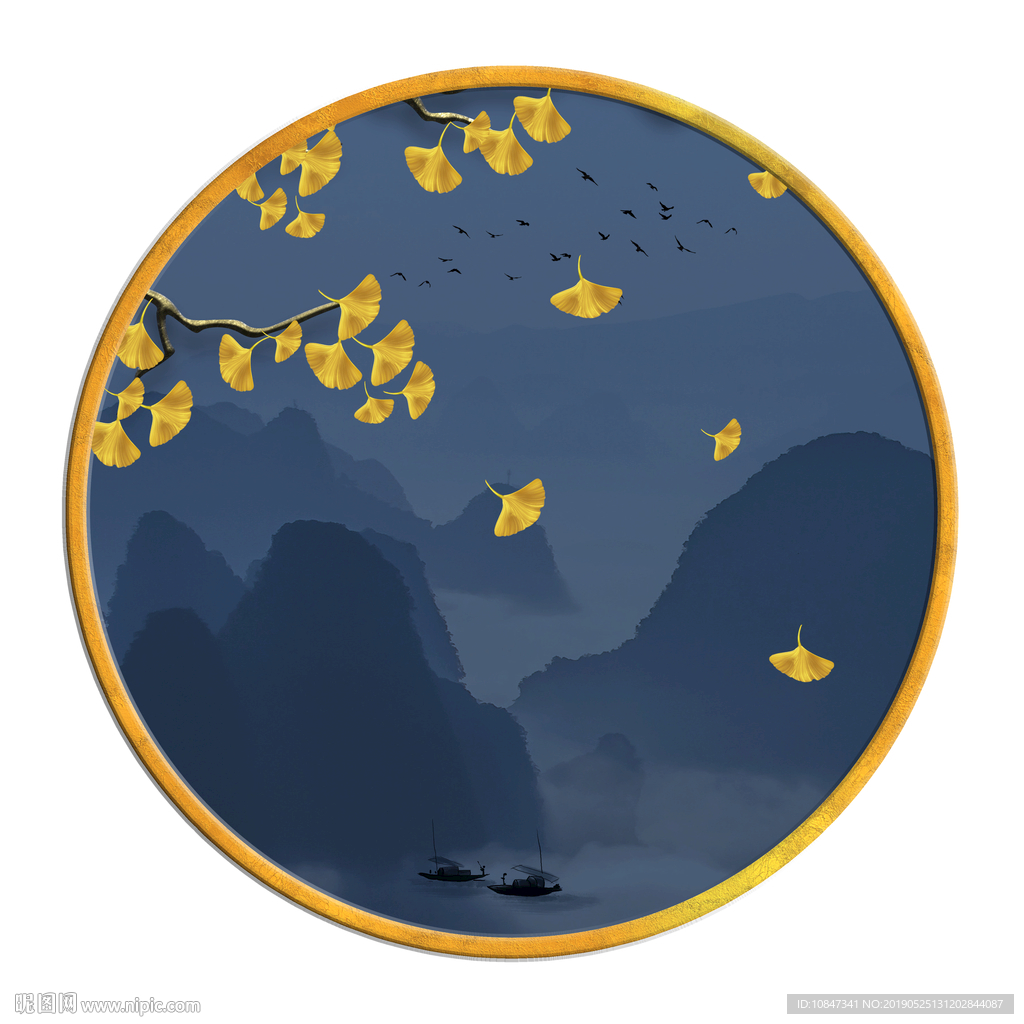 中国风   圆形山水画 大厅装