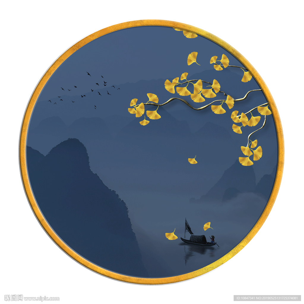 中国风   圆形山水画 大厅装