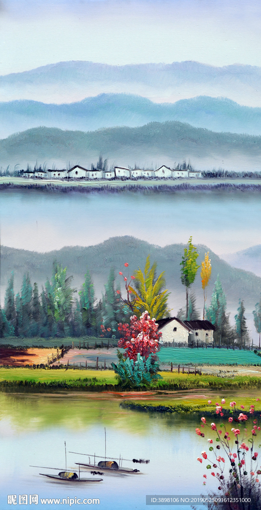 田园山水村庄玄关装饰画