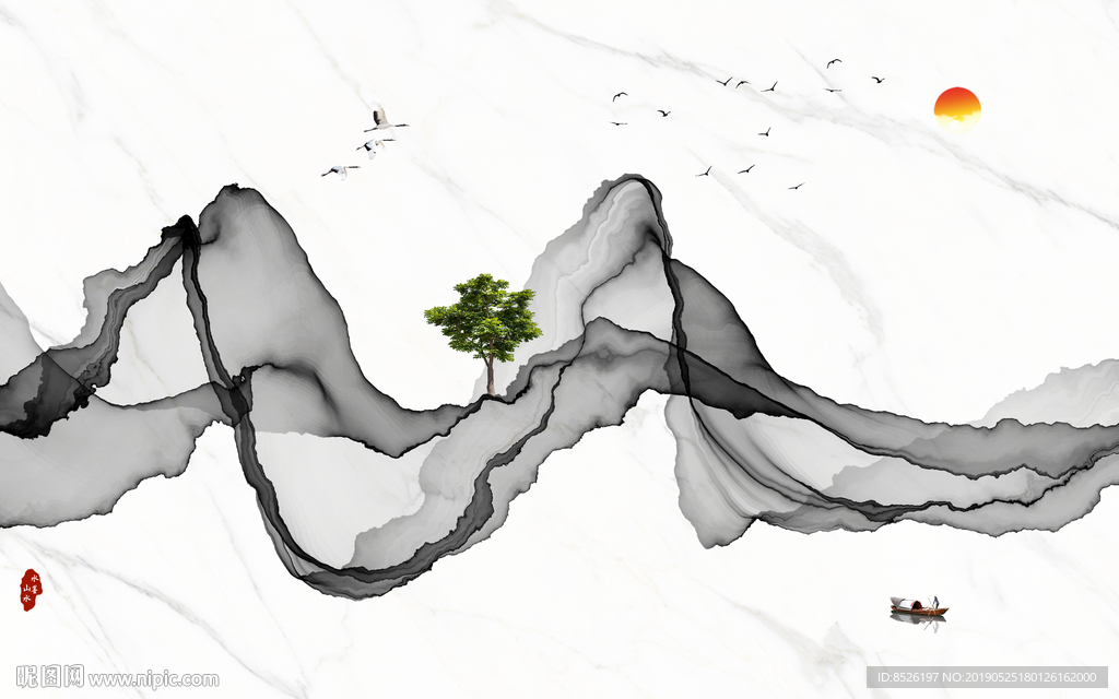 意境水墨线条山水