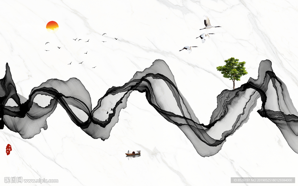 远山水墨线条山水