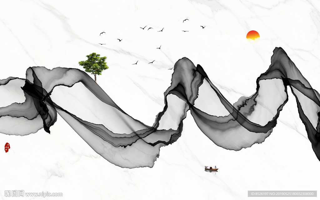 远山水墨线条山水