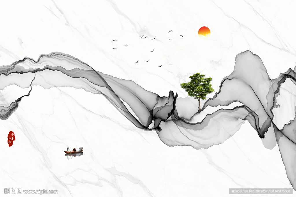 意境水墨线条山水