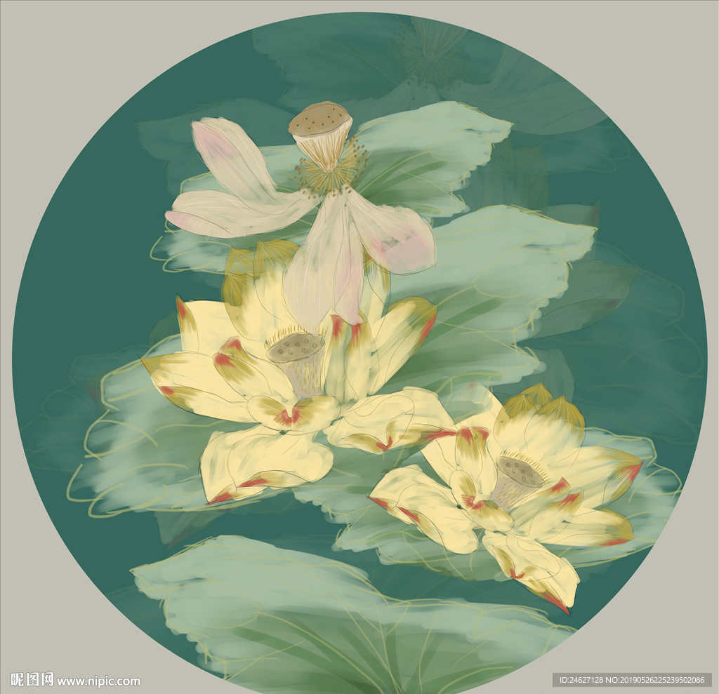 复古荷花装饰画