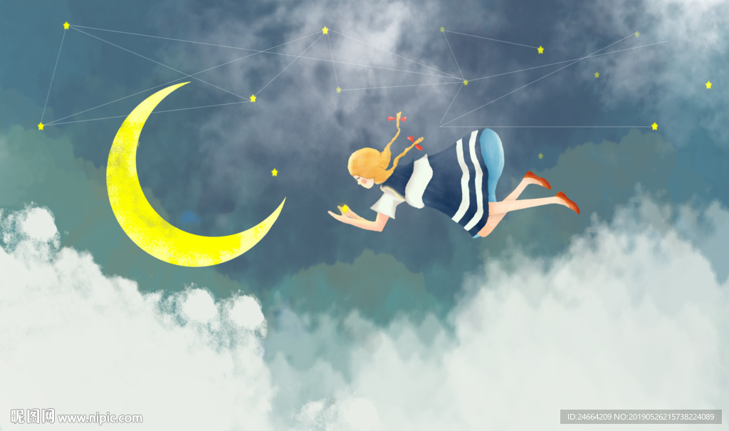 月亮下的女孩画背景墙