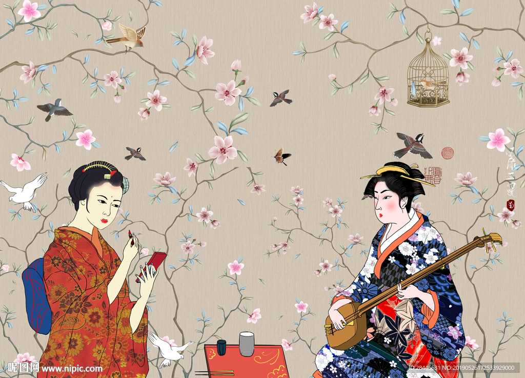 新中式花鸟侍女背景墙