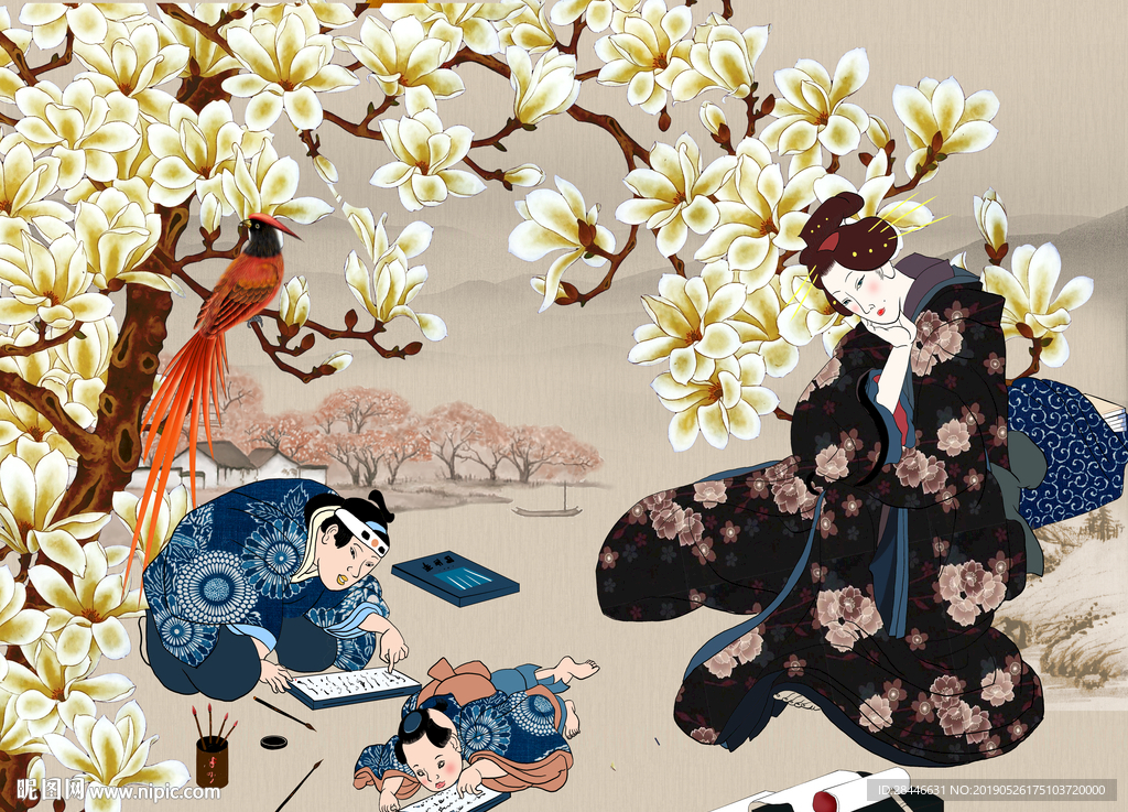 新中式花鸟侍女背景墙